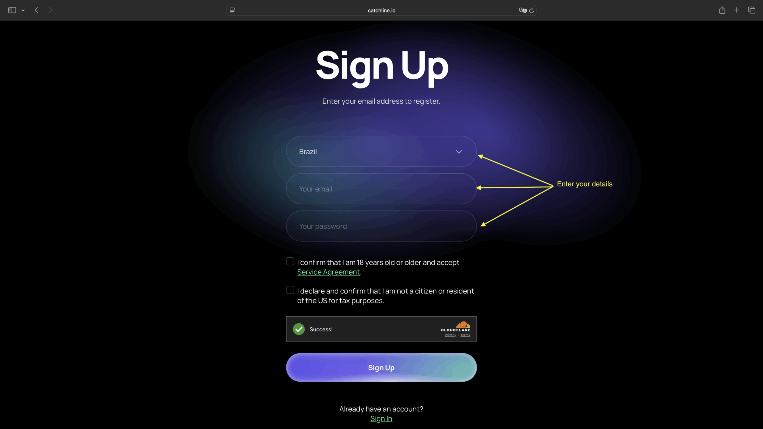 Account creation form fields