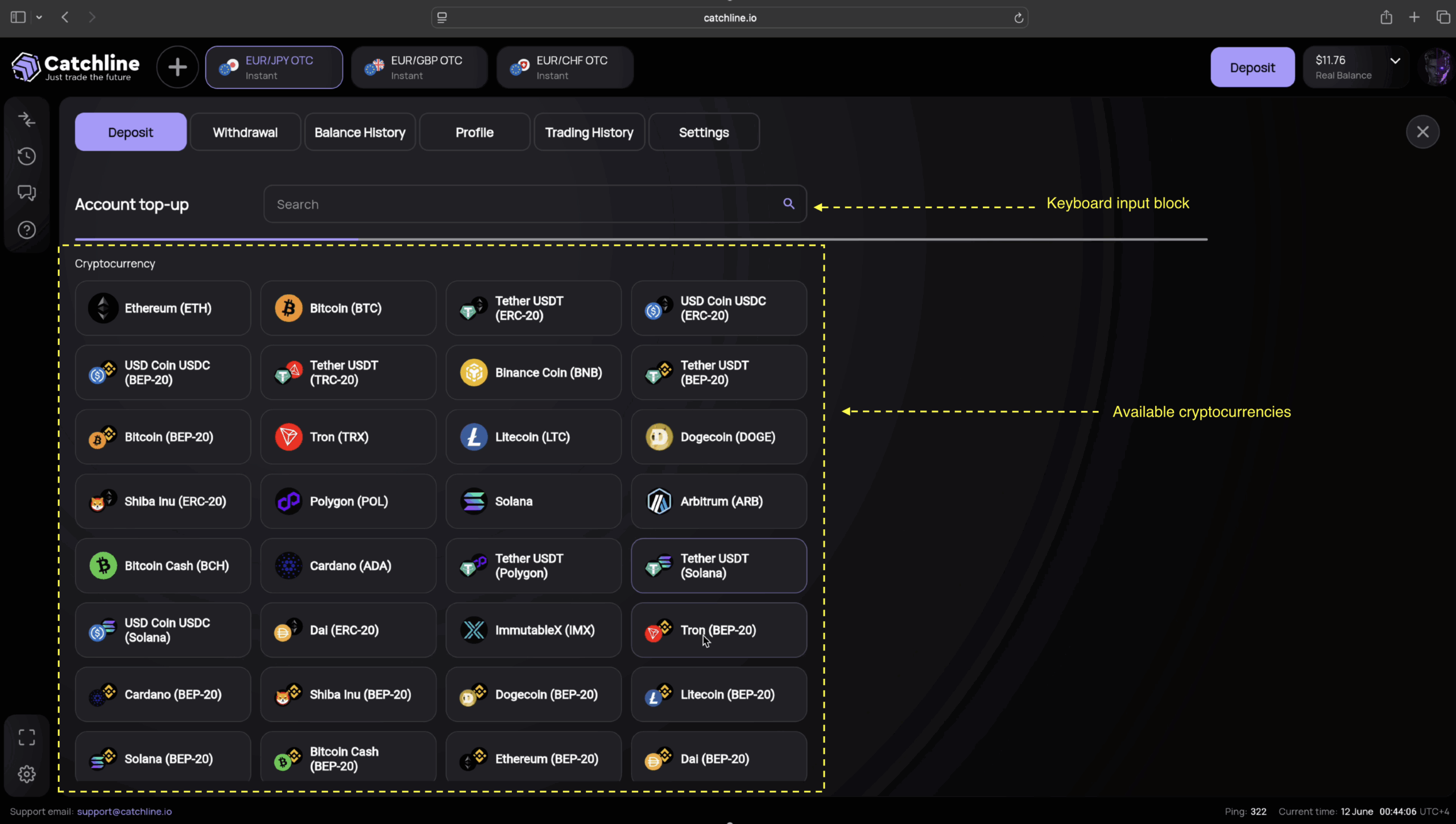 USDT TRC-20 selection for Catchline deposit