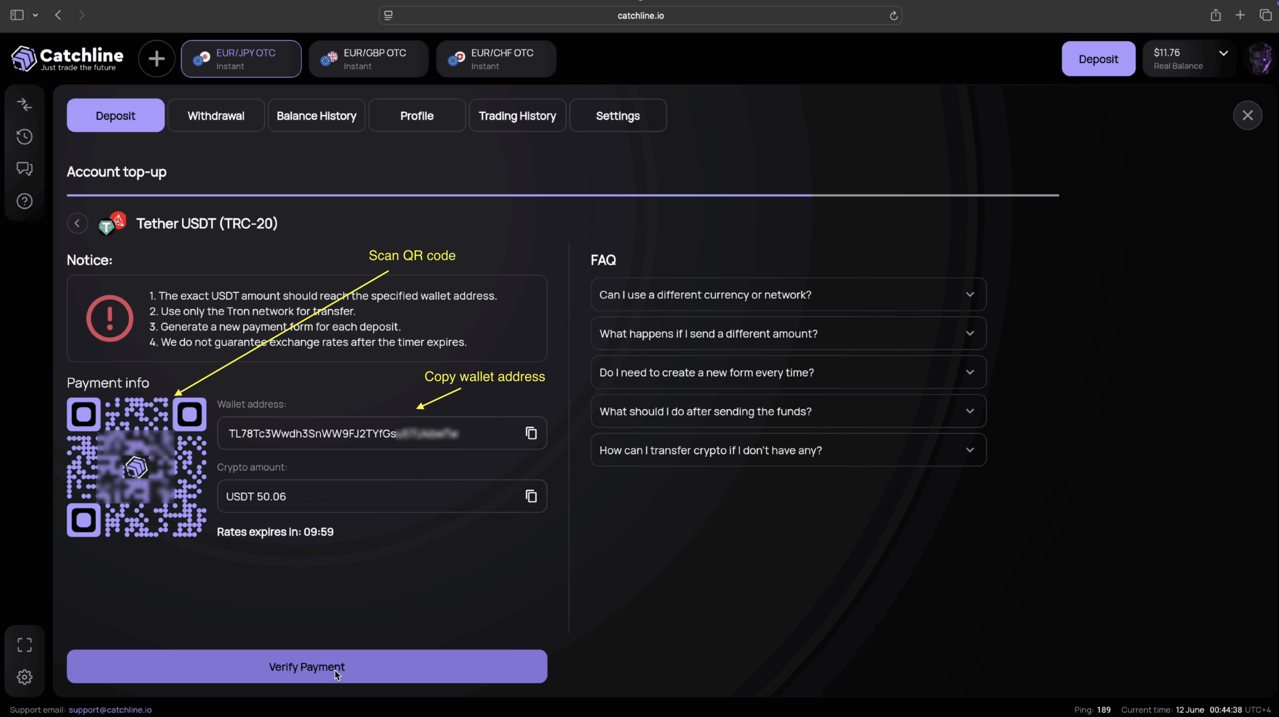 Catchline USDT deposit address generation