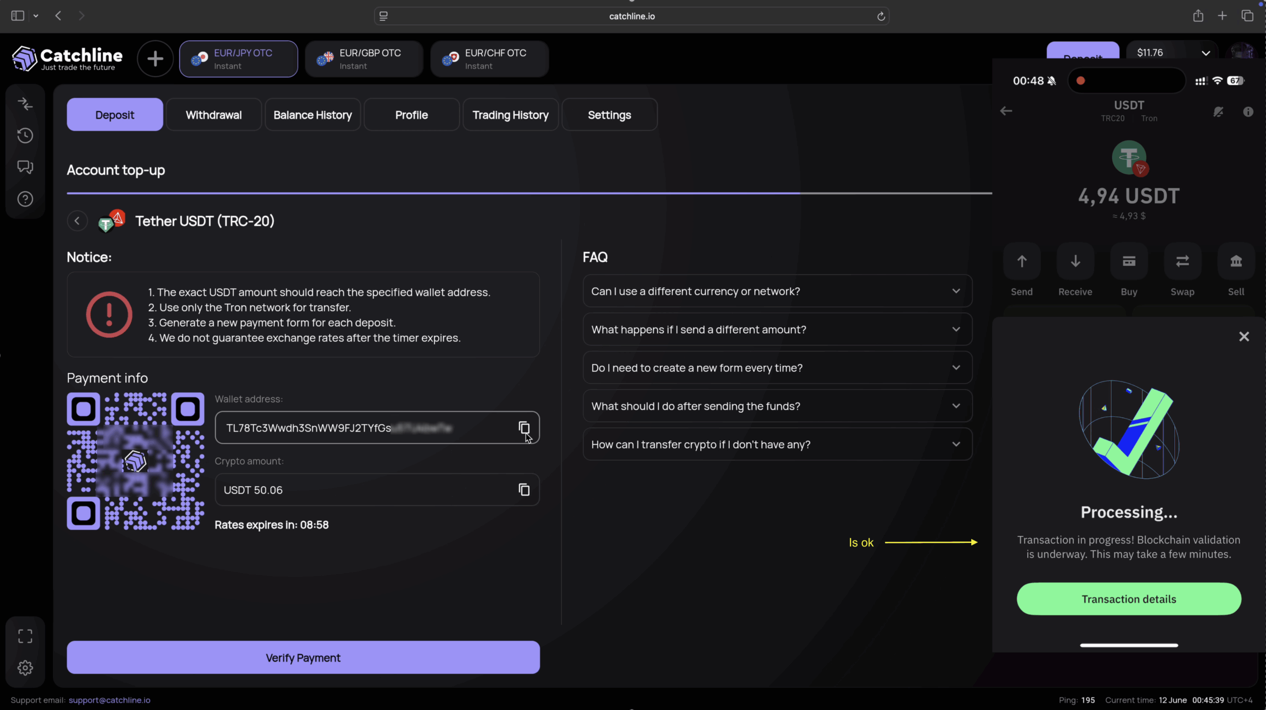Confirming USDT deposit transaction