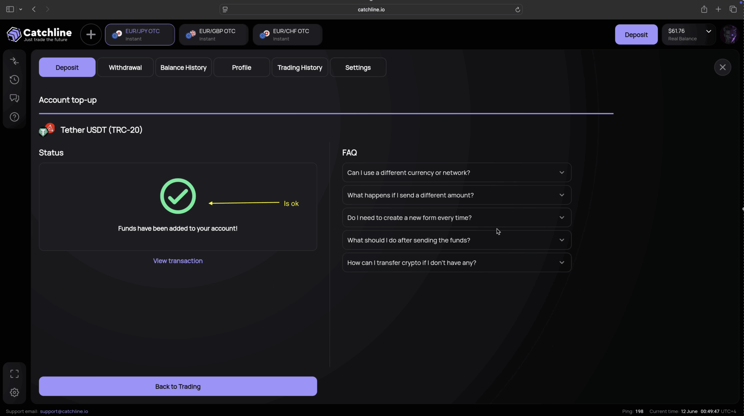 USDT deposit transaction confirmation