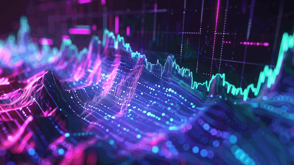 Abstract 3D visualization of cryptocurrency volatility patterns with government influence indicators