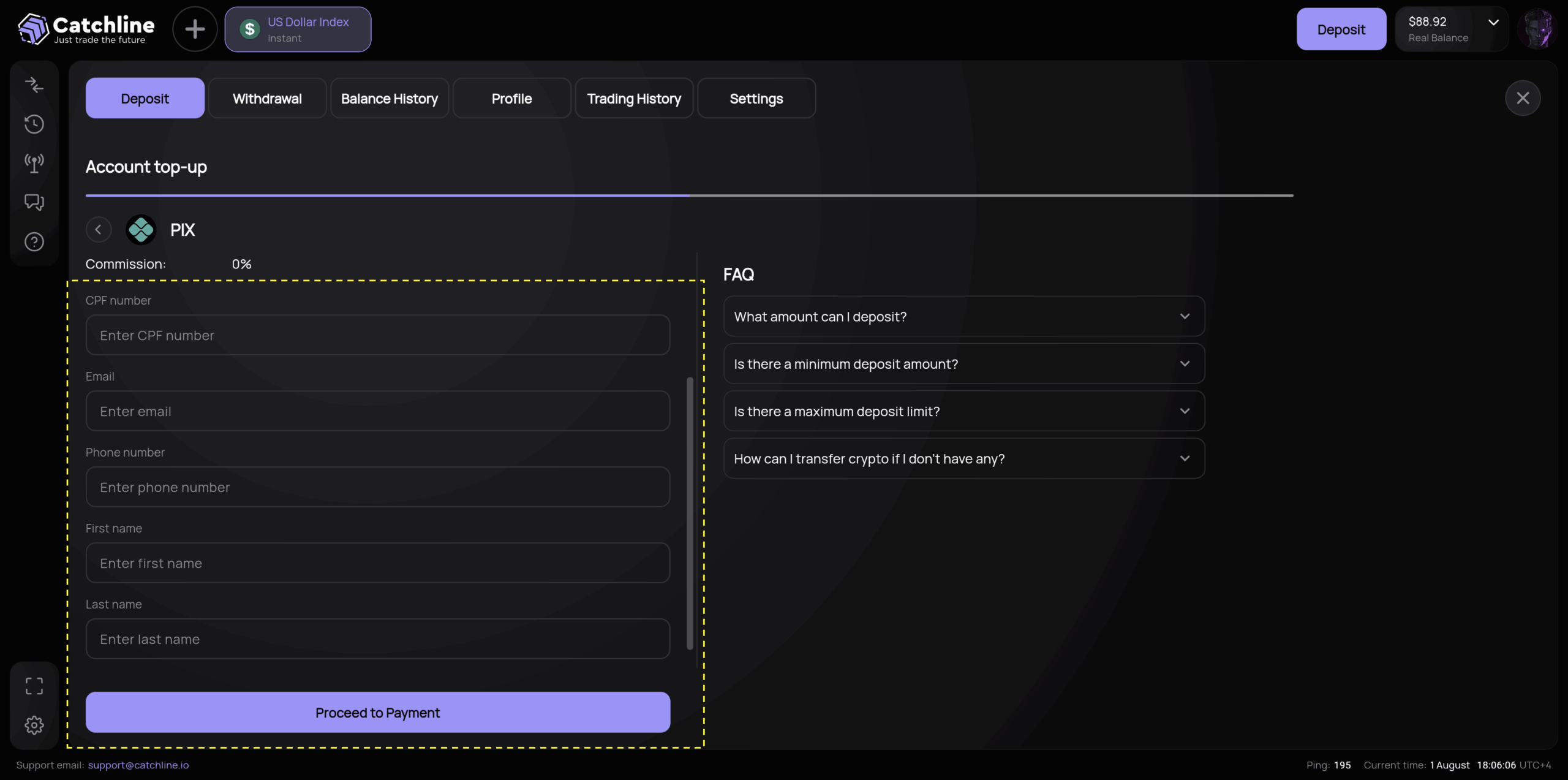 PIX payment guide deposit amount entry form for Brazil instant transfer system
