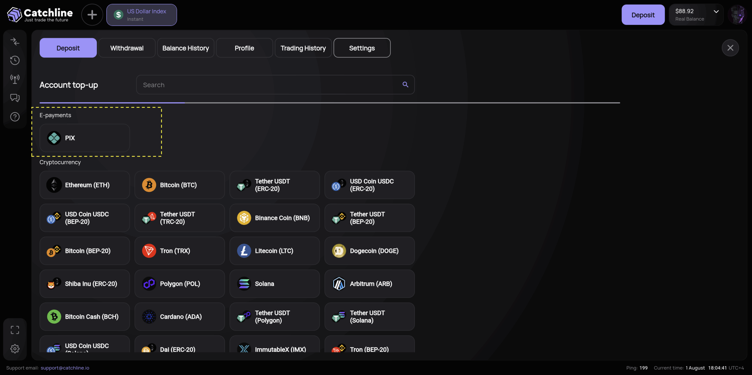 PIX payment method selection in Catchline deposits section for instant Brazil transfers