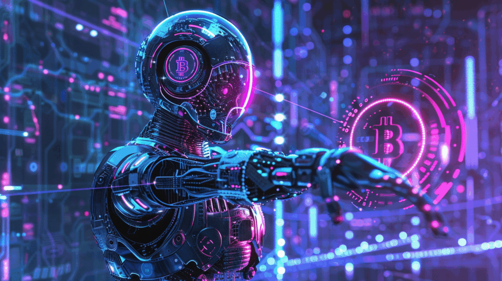 AI robot crypto trading signals 2025 automation showing artificial intelligence holding cryptocurrency tokens for market analysis