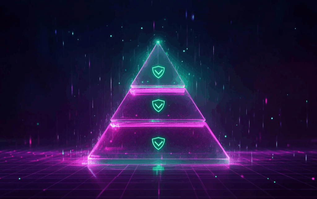 Risk management pyramid for meme coin trading showing three levels of protection