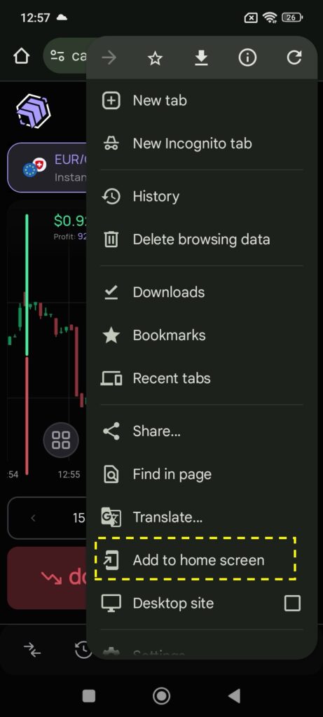 Tap three dots menu in browser toolbar
