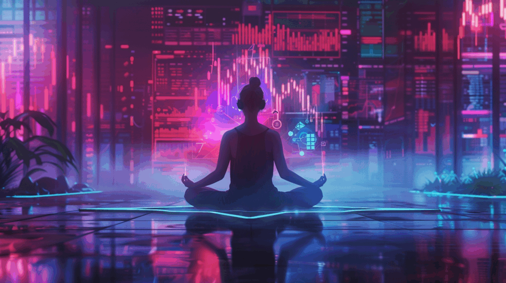 Serene person in lotus meditation position with floating financial charts and peaceful atmosphere